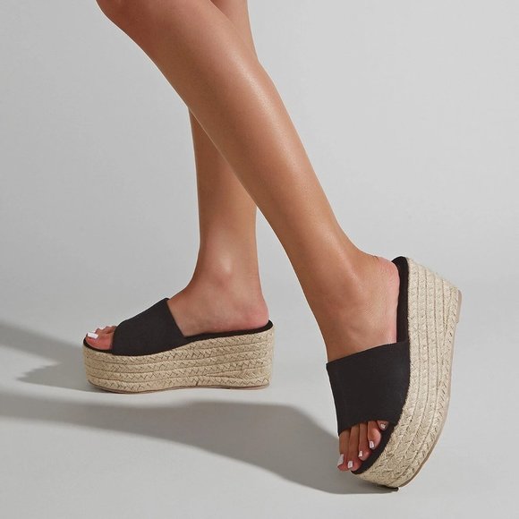 Espadrille Sole Suedette Wedge Slide Sandals in Black / Tan Size 7.5 US - Picture 3 of 5